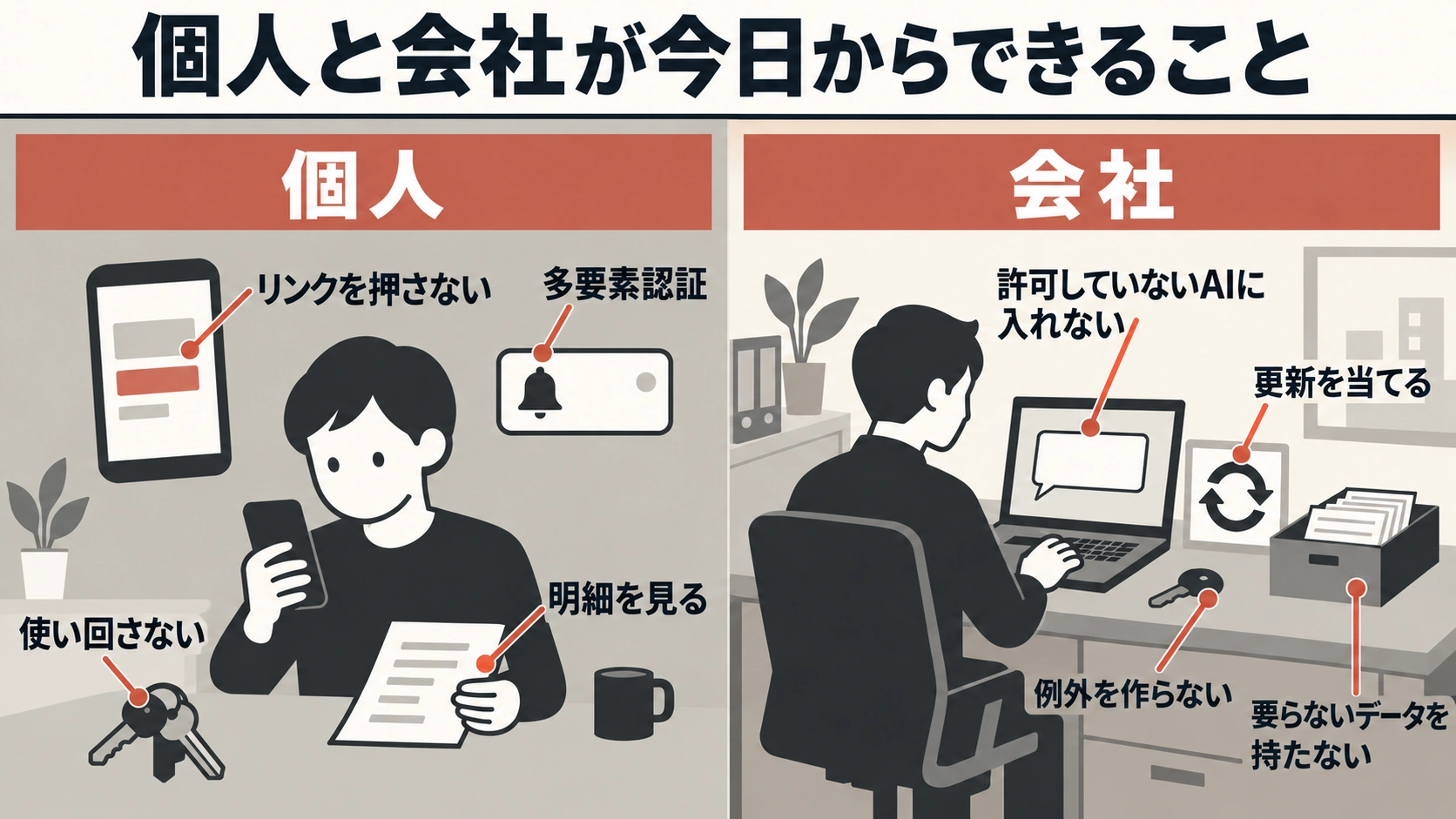 個人と会社が今日からできることの図。個人はリンクを押さない、使い回さない、多要素認証、明細を見る。会社は許可していないAIに入れない、例外を作らない、更新を当てる、要らないデータを持たない